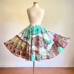 Vintage 80s Willi Smith Novelty Print Cotton Sequined Full Circle Skirt Size 10